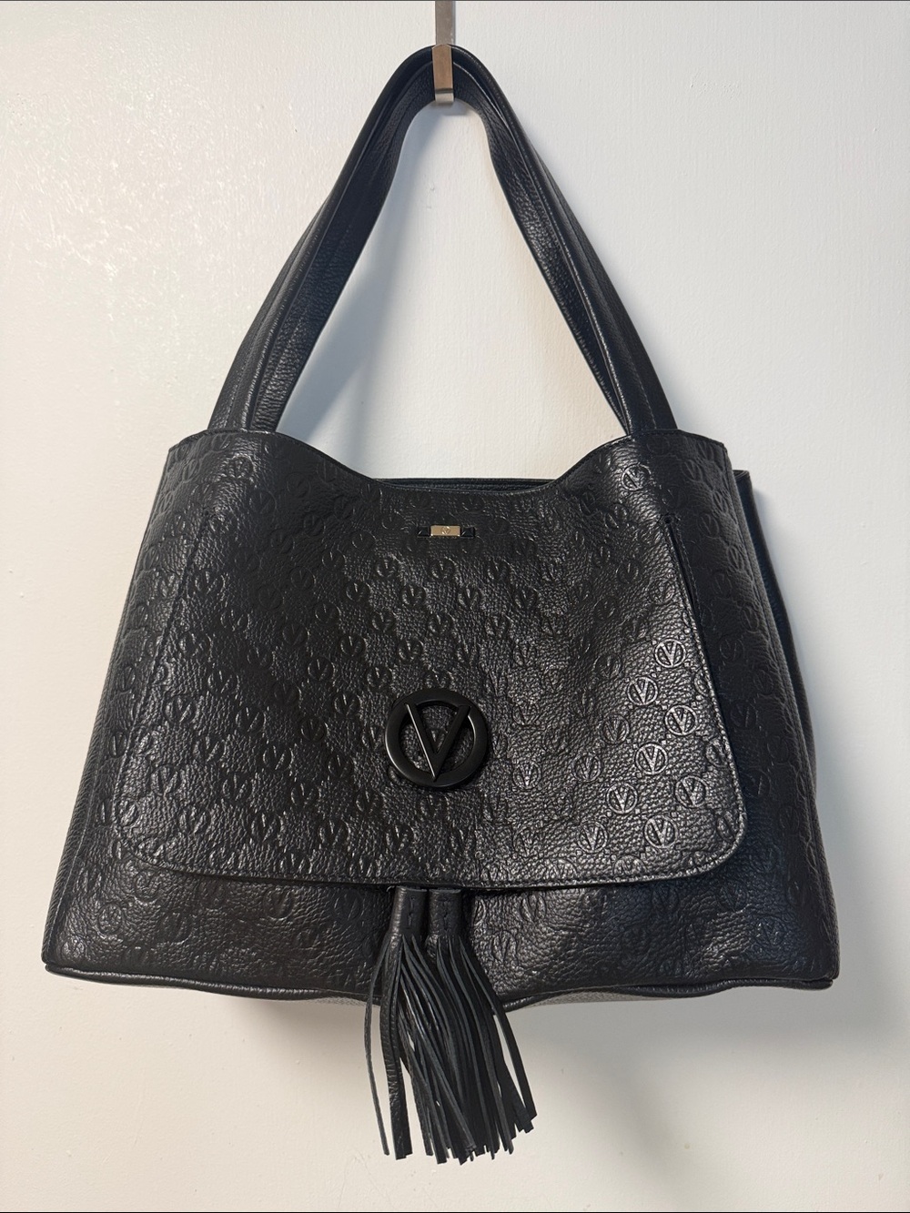 Valentino Black Embossed Leather Shoulder Bag with Tassel